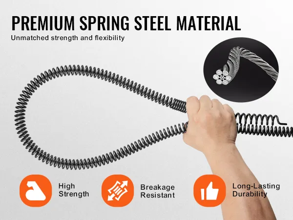 VEVOR drain cleaning cable in premium spring steel, highlighting high strength, breakage resistance, and durability.