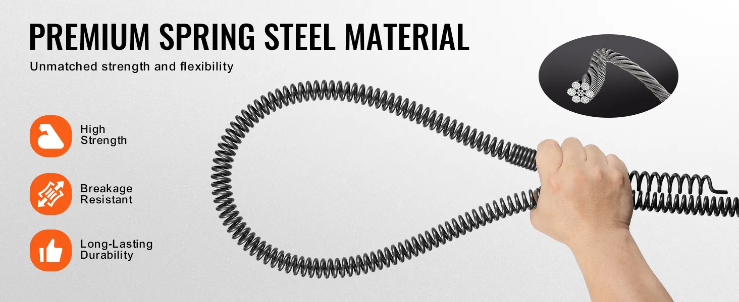 VEVOR drain cleaning cable in premium spring steel, highlighting high strength, breakage resistance, and durability.
