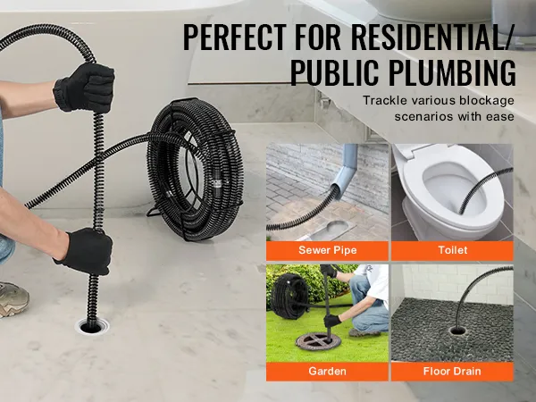 man using VEVOR drain cleaning cable on bathroom floor, ideal for sewer, garden, toilet, and drain blockages.