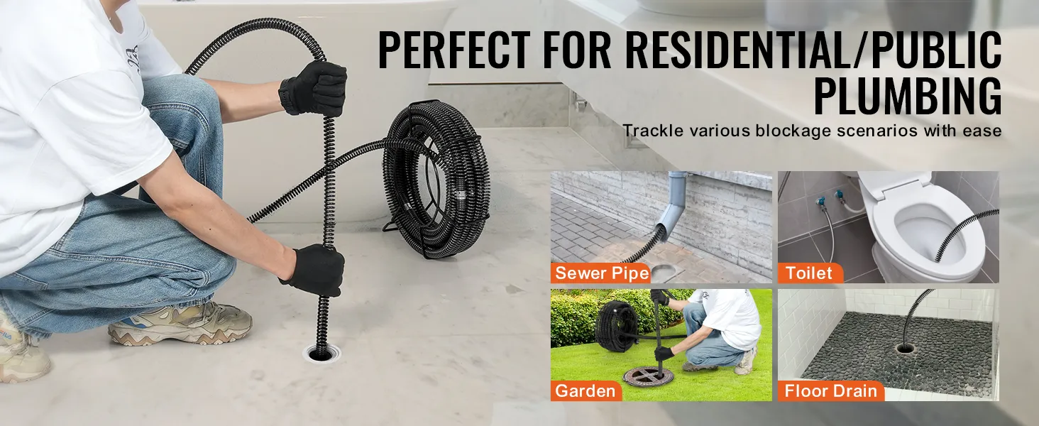 man using VEVOR drain cleaning cable on bathroom floor, ideal for sewer, garden, toilet, and drain blockages.