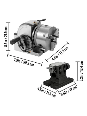 VEVOR dividing head with 3-jaw chuck and measurement diagrams