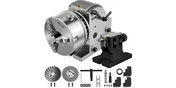 VEVOR dividing head with chuck and accessories, including indexing plates and tailstock.