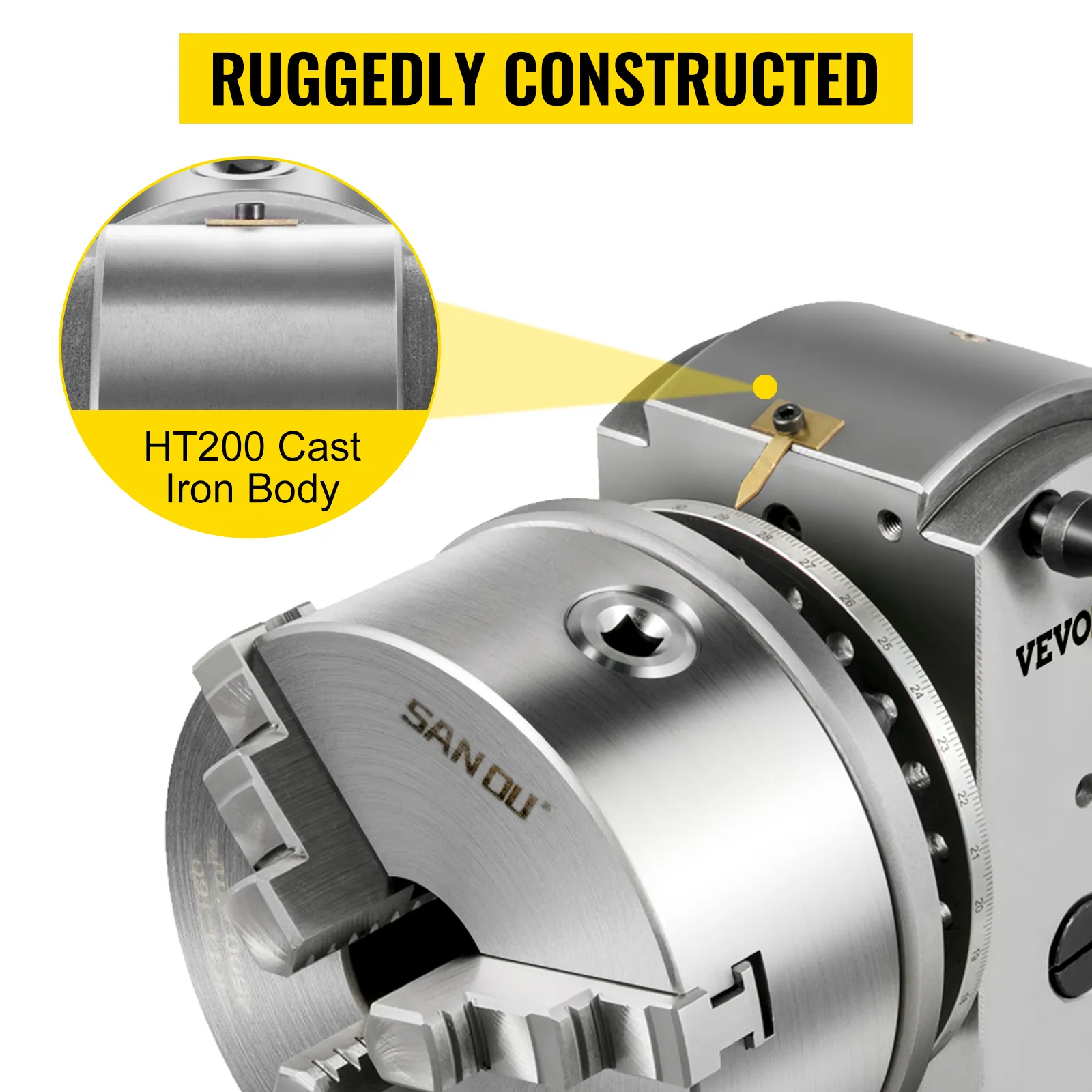 VEVOR dividing head with san ou chuck and ht200 cast iron body, ruggedly constructed.