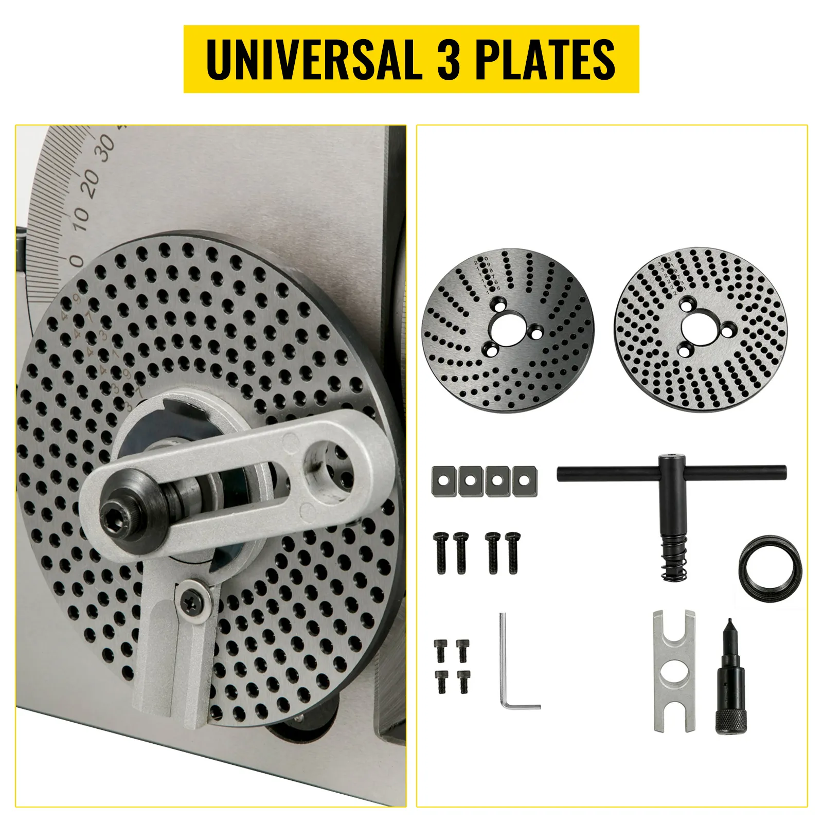 VEVOR dividing head with three plates and accessories displayed against a white background.