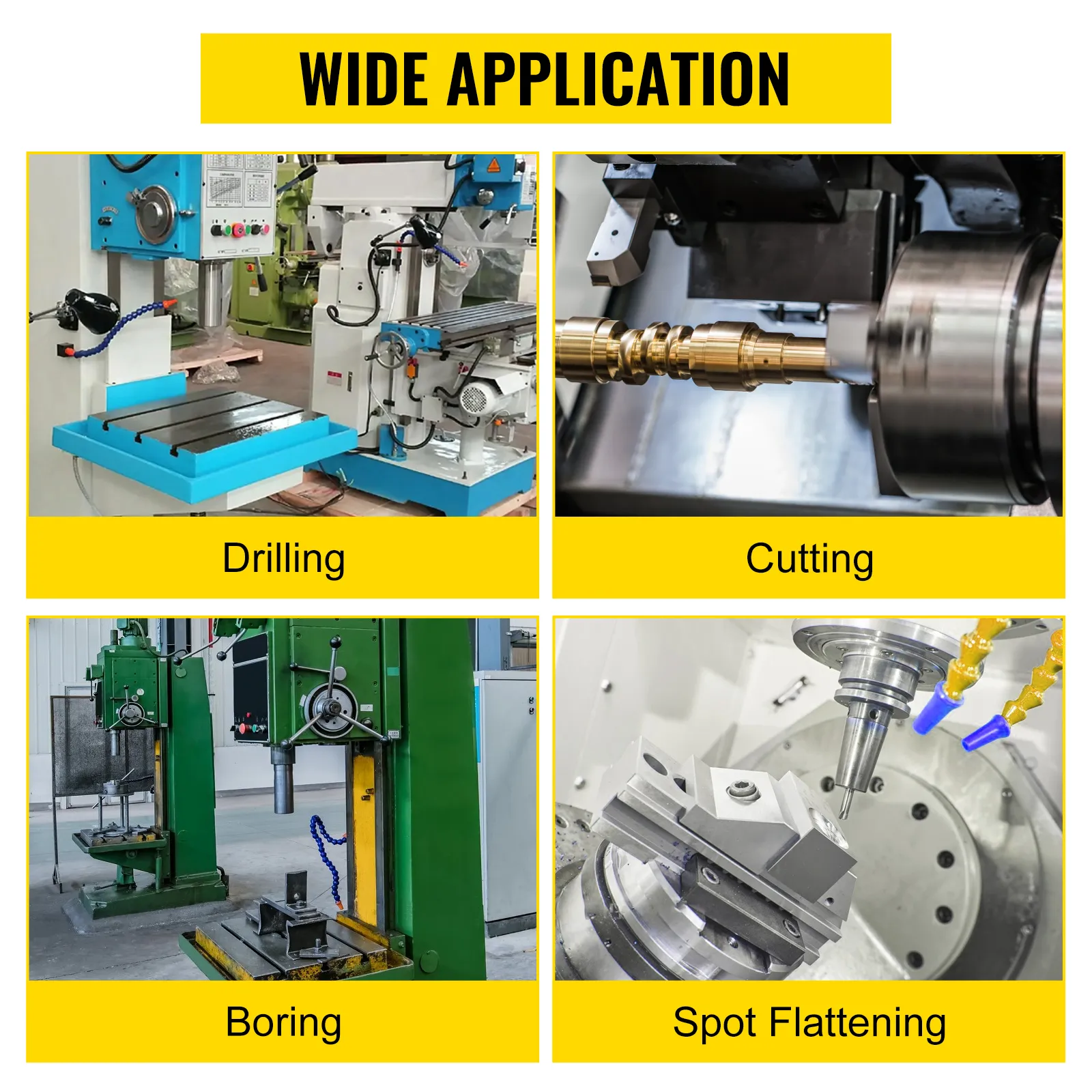 wide application of VEVOR dividing head for drilling, cutting, boring, and spot flattening.