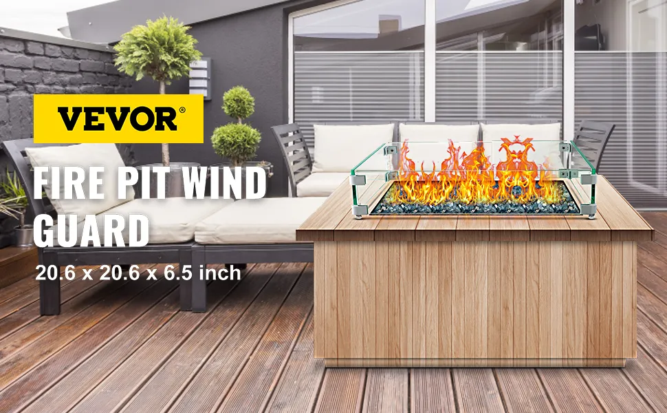 Protector contra el viento para fogatas VEVOR sobre una mesa de patio de madera con asientos al aire libre.