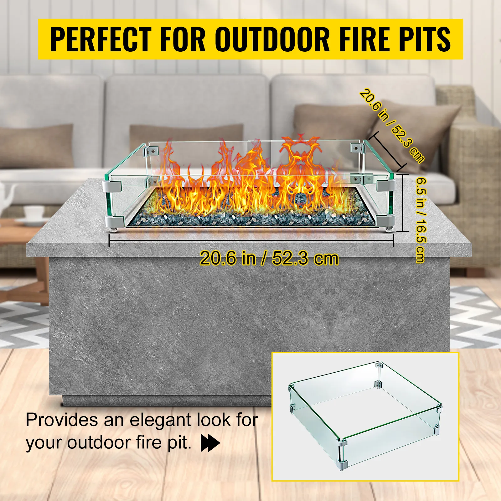 Protector contra el viento para fogatas VEVOR en una elegante fogata para exteriores con llamas y dimensiones.