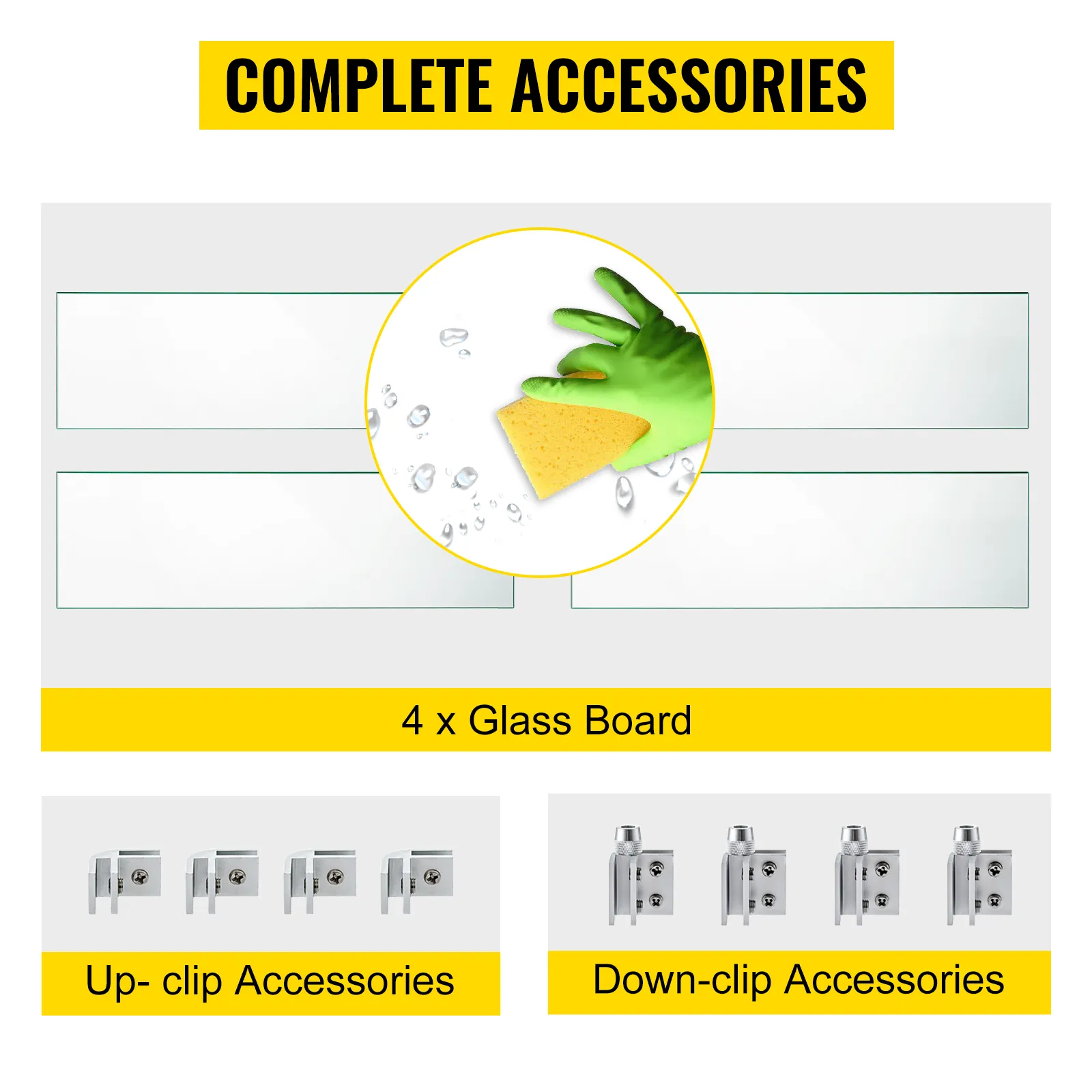 Accesorios completos para protección contra el viento para fogatas VEVOR, que incluyen 4 tableros de vidrio y clips.