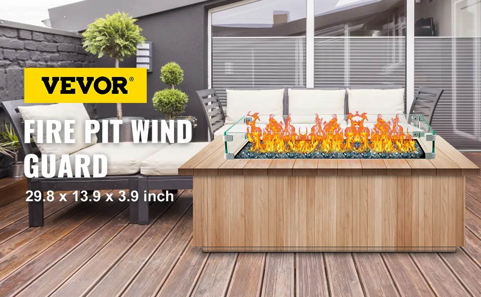 VEVOR-Windschutz für Feuerstelle auf hölzernem Terrassentisch, in der Nähe eines modernen Sitzbereichs im Freien.