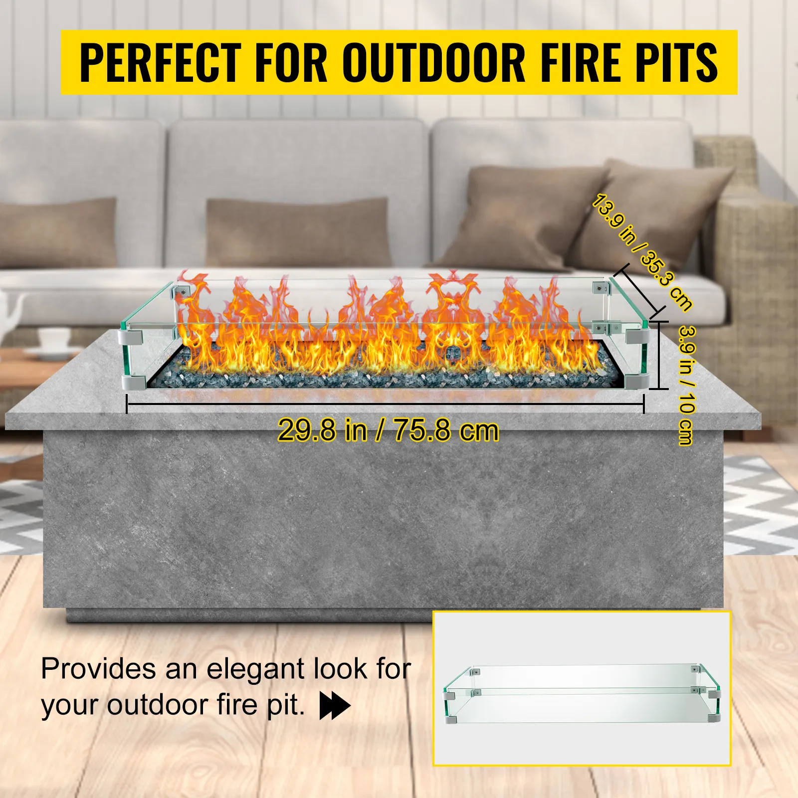 Der Windschutz von VEVOR für Feuerstellen an einer schlanken Feuerstelle im Freien sorgt für ein elegantes Aussehen.