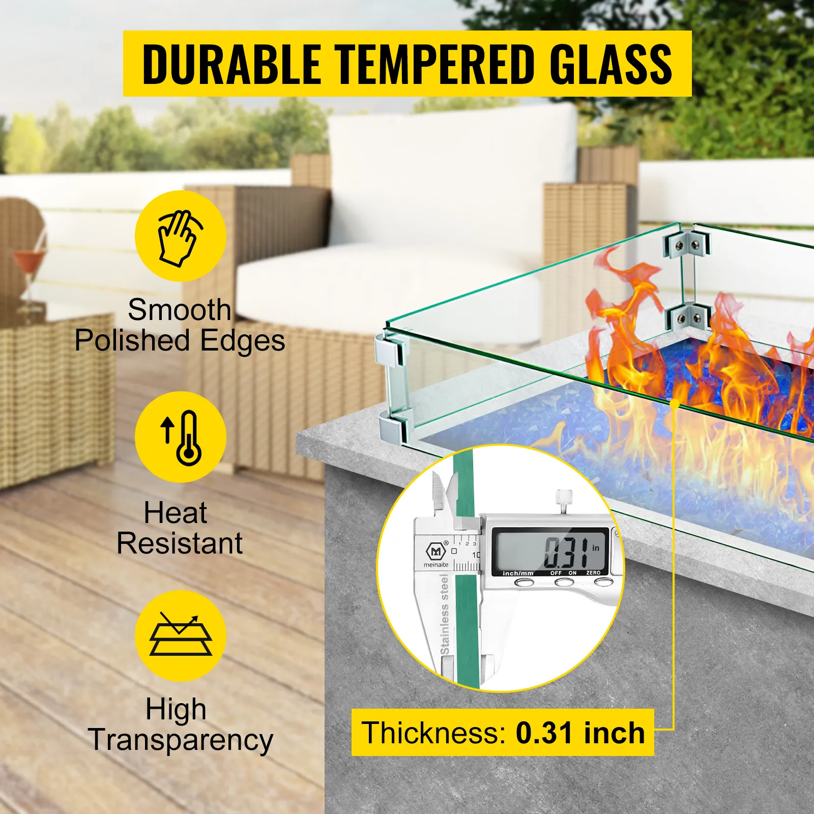 VEVOR-Windschutz für Feuerstelle mit langlebigem gehärtetem Glas und hitzebeständigen Eigenschaften.