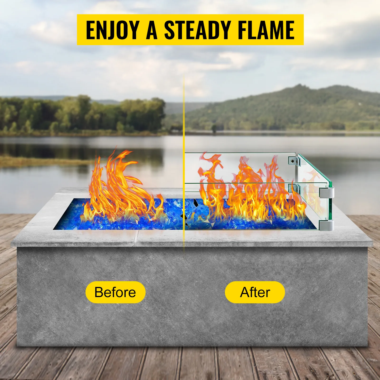 VEVOR Windschutz für Feuerstelle: stabile Flamme mit klarem Vorher-Nachher-Vergleich.