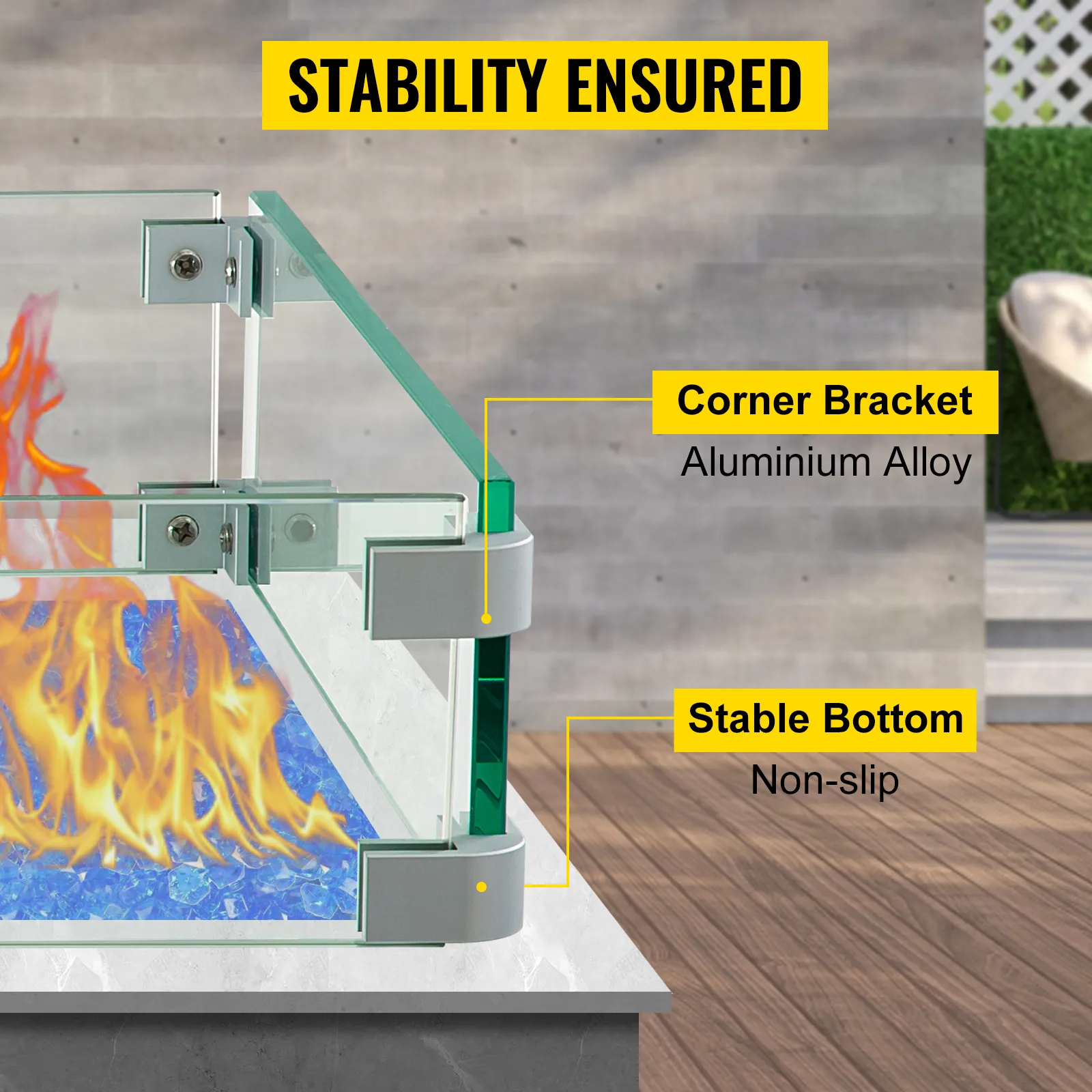 VEVOR-Windschutz für Feuerstelle mit Eckhalterungen aus Aluminium und rutschfestem, stabilem Boden.