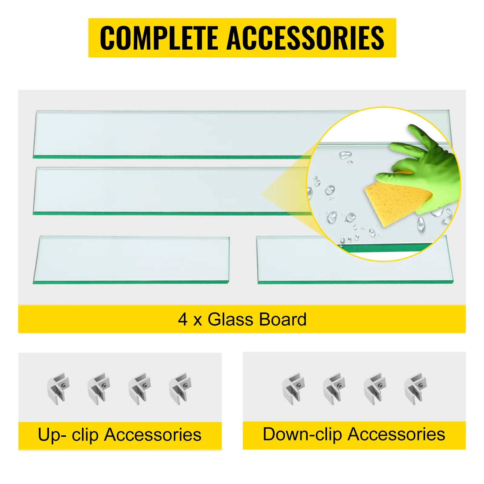 Der Windschutz für die Feuerstelle von VEVOR umfasst 4 Glasplatten sowie Auf- und Ab-Clip-Zubehör.