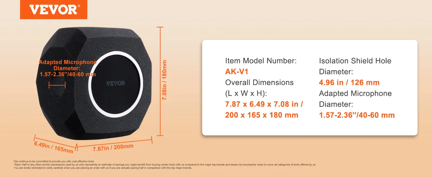 VEVOR microphone isolation ball with dimensions and microphone diameter specifications listed. model ak-v1.