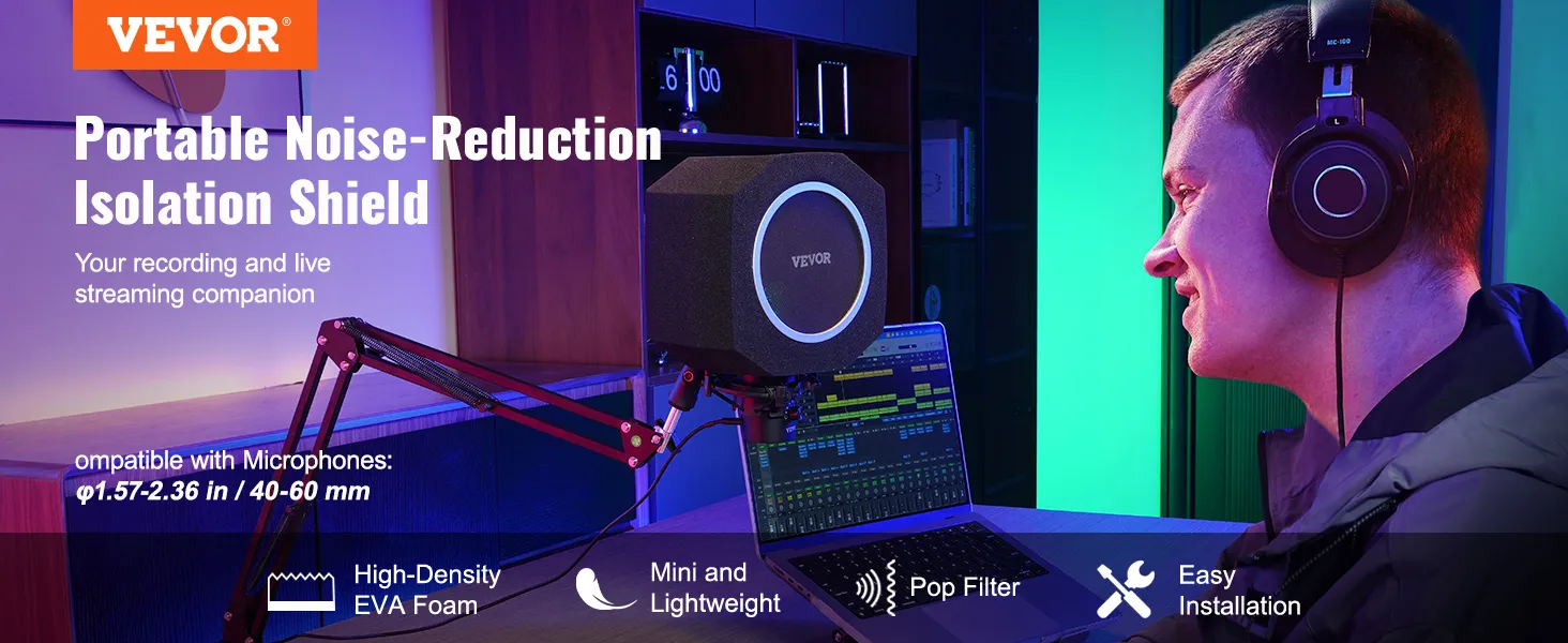 VEVOR microphone isolation ball: portable noise-reduction shield for recording and live streaming.