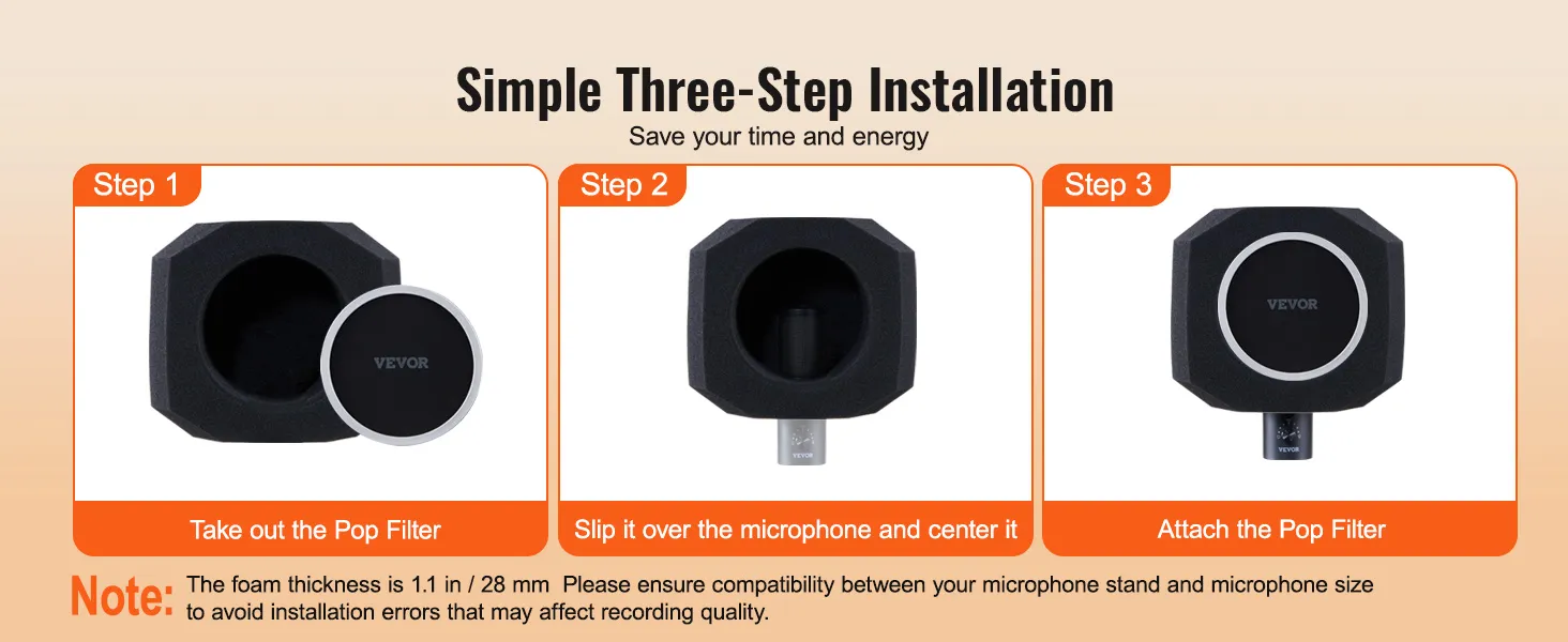simple three-step installation for the VEVOR microphone isolation ball: take out, slip over, attach pop filter.
