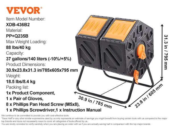 VEVOR compost bin dual-chamber with 37-gallon capacity, pp+q235b material, and 88 lbs max weight loading.