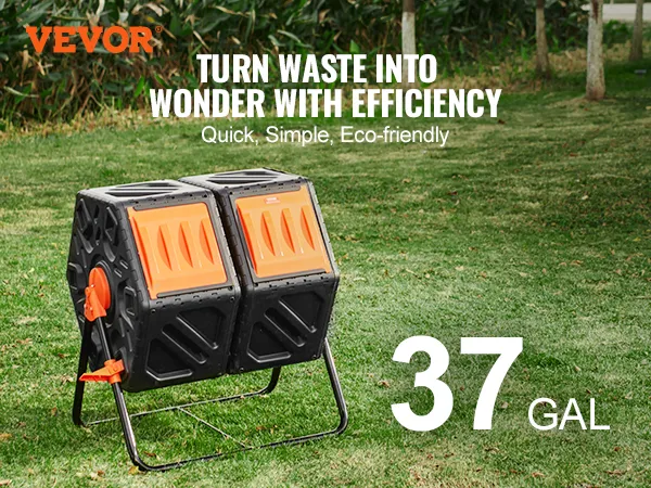 VEVOR compost bin on green lawn with "turn waste into wonder" and "37 gal" text. eco-friendly solution.