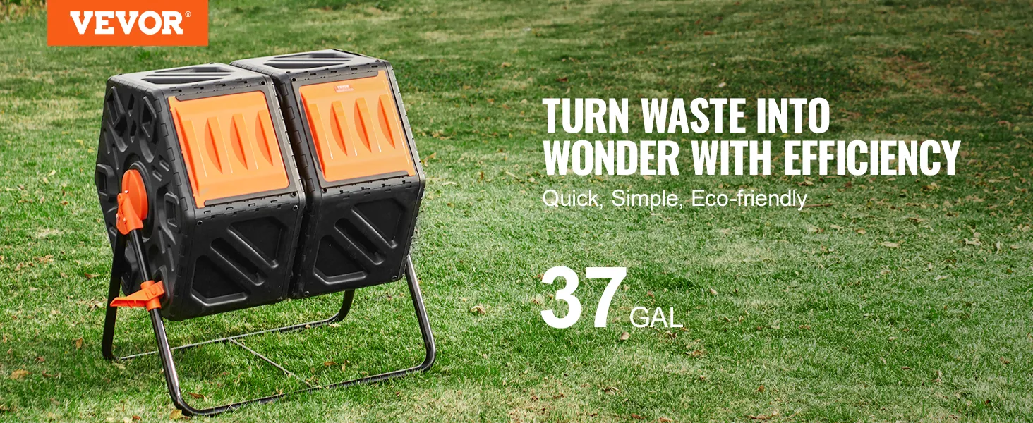 VEVOR compost bin on green lawn with "turn waste into wonder" and "37 gal" text. eco-friendly solution.