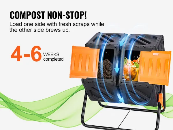 VEVOR compost bin with dual chambers for composting kitchen scraps and garden waste, 4-6 weeks completion.