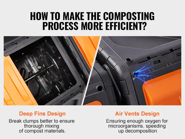 VEVOR compost bin features deep fins for thorough compost mixing and air vents for efficient decomposition.