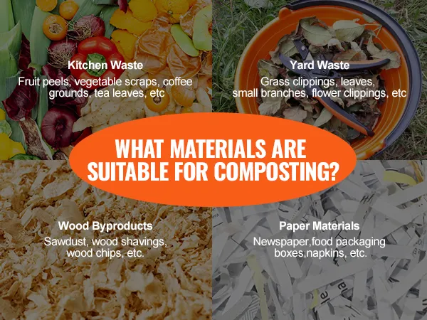 suitable materials for composting: kitchen waste, yard waste, wood byproducts, paper materials. ideal for VEVOR compost bin.