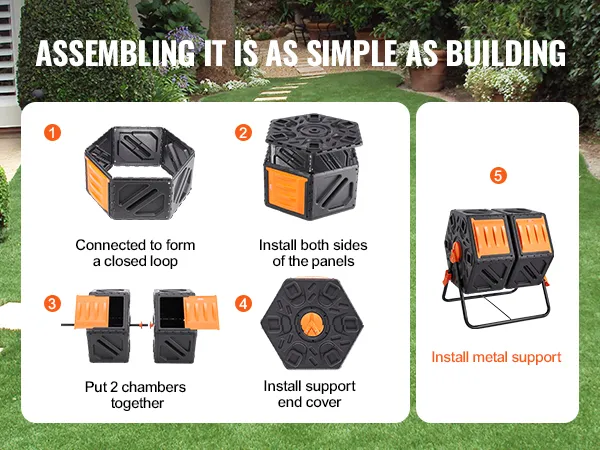 assembly steps of VEVOR compost bin with images and text instructions against a garden background.