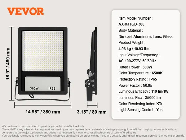 Foco LED para estadio VEVOR, 300 W, IP65, 35 000 lm, 48 x 37 x 8 cm, 6500 K, AX-XJTGD-300, aluminio fundido a presión