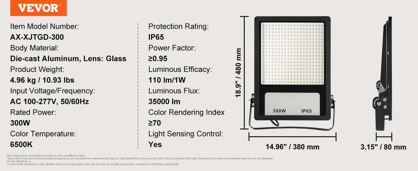 Foco LED para estadio VEVOR, 300 W, IP65, 35 000 lm, 48 x 37 x 8 cm, 6500 K, AX-XJTGD-300, aluminio fundido a presión