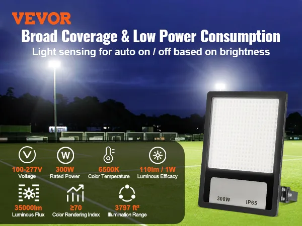 Luz LED para estadio VEVOR que promueve una amplia cobertura, bajo consumo de energía y detección de encendido/apagado automático.