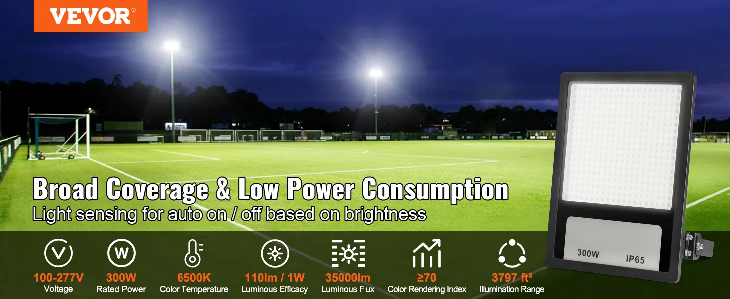 Luz LED para estadio VEVOR que promueve una amplia cobertura, bajo consumo de energía y detección de encendido/apagado automático.