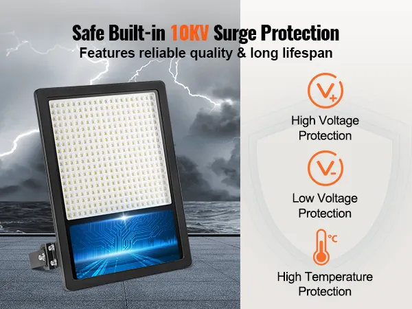 Luz LED para estadio VEVOR con protección contra sobretensiones de 10 kV, con énfasis en protección de alto voltaje, bajo voltaje y temperatura.