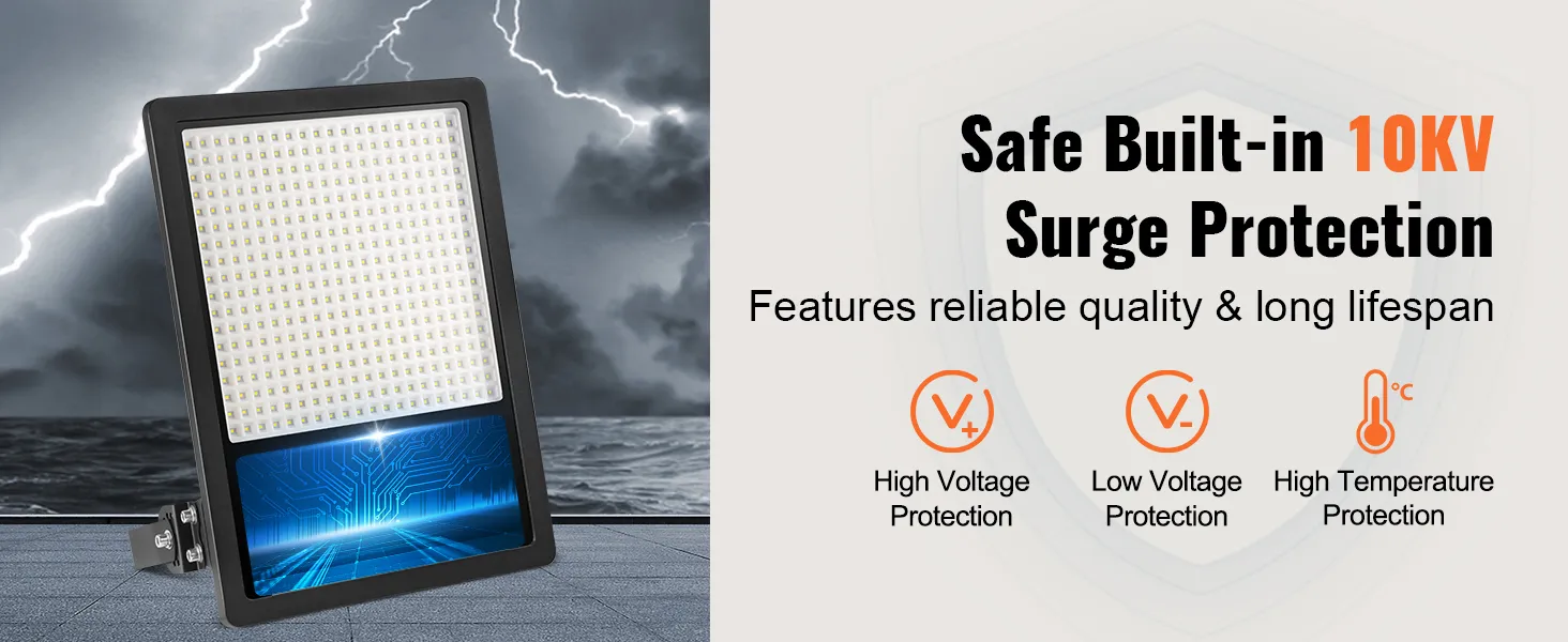 Luz LED para estadio VEVOR con protección contra sobretensiones de 10 kV, con énfasis en protección de alto voltaje, bajo voltaje y temperatura.