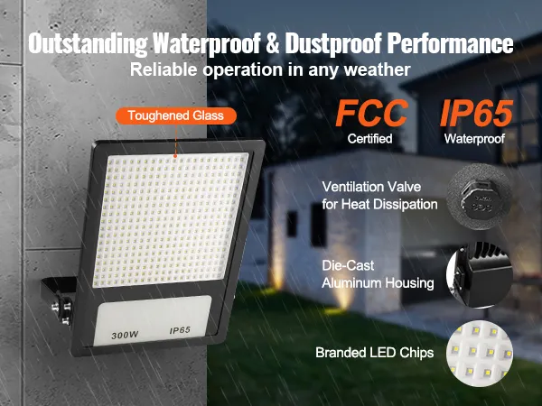 Luz LED para estadio VEVOR con potencia de 300 W, certificación FCC, resistencia al agua IP65 y vidrio templado bajo la lluvia.