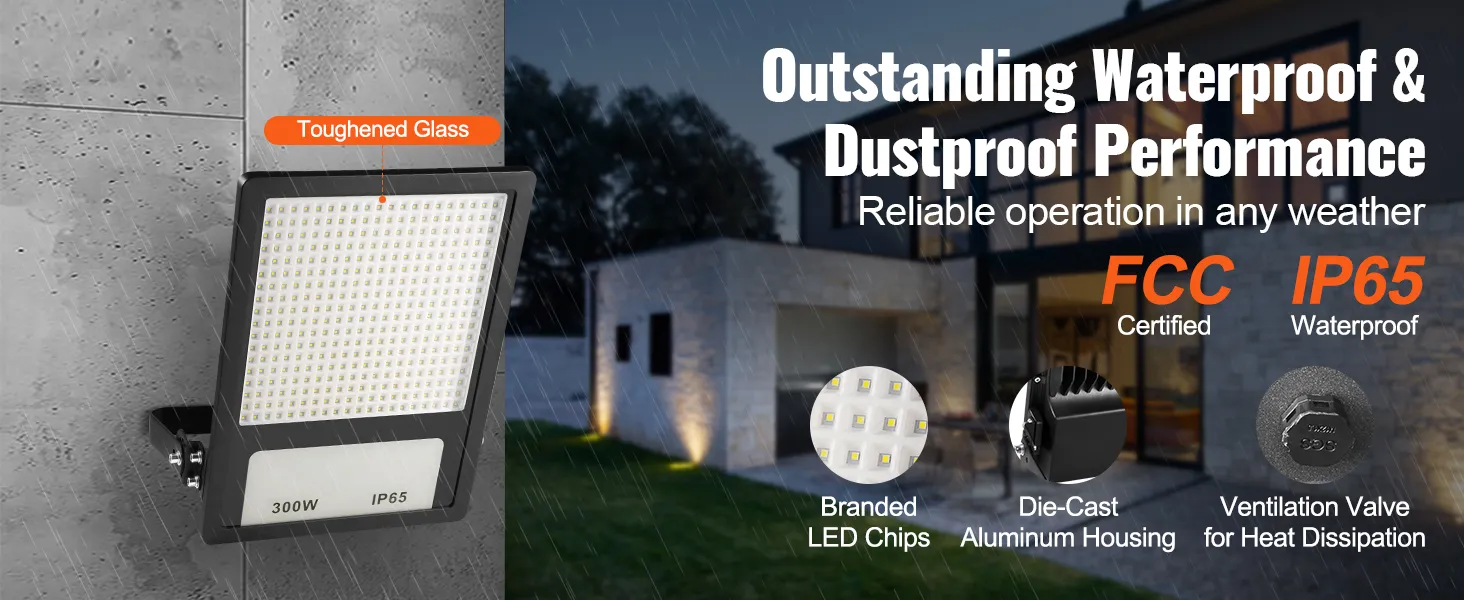 Luz LED para estadio VEVOR con potencia de 300 W, certificación FCC, resistencia al agua IP65 y vidrio templado bajo la lluvia.