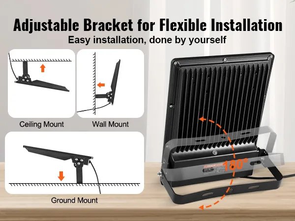 Luz de estadio LED VEVOR con soporte ajustable para opciones de montaje en techo, suelo y pared. Fácil instalación.