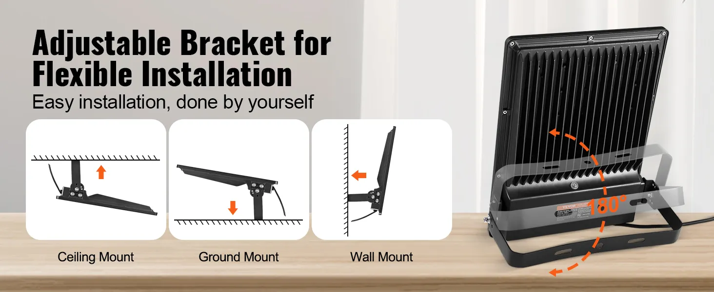 Luz de estadio LED VEVOR con soporte ajustable para opciones de montaje en techo, suelo y pared. Fácil instalación.