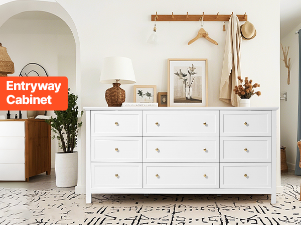 Commode 9 Tiroirs VEVOR En Bois Style Rétro - Blanc, Avec Système Coulissant, Anti-basculement, Pour Salon, Chambre - 4