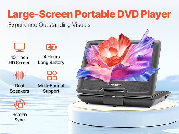 VEVOR 10.1 Portable DVD Player – 4 Hours, 270°, 2500 mAh