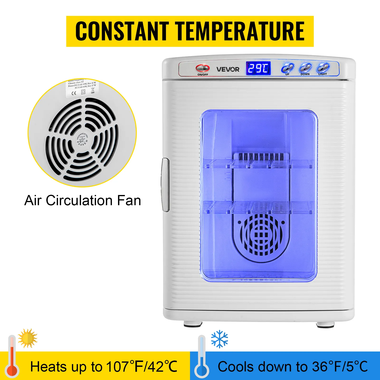 Incubadora de reptiles VEVOR con temperatura constante, ventilador de circulación de aire y pantalla digital.