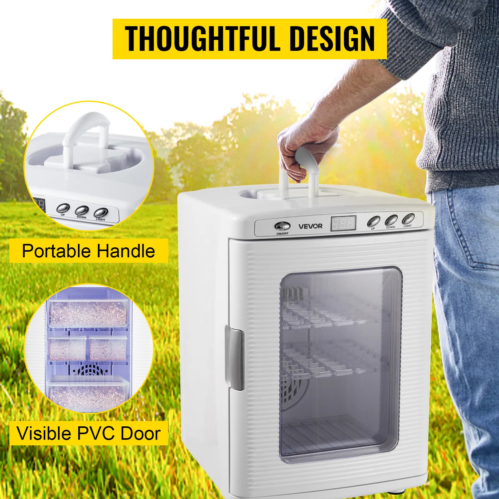 Incubadora de reptiles VEVOR con asa portátil y puerta de pvc visible en entorno exterior.