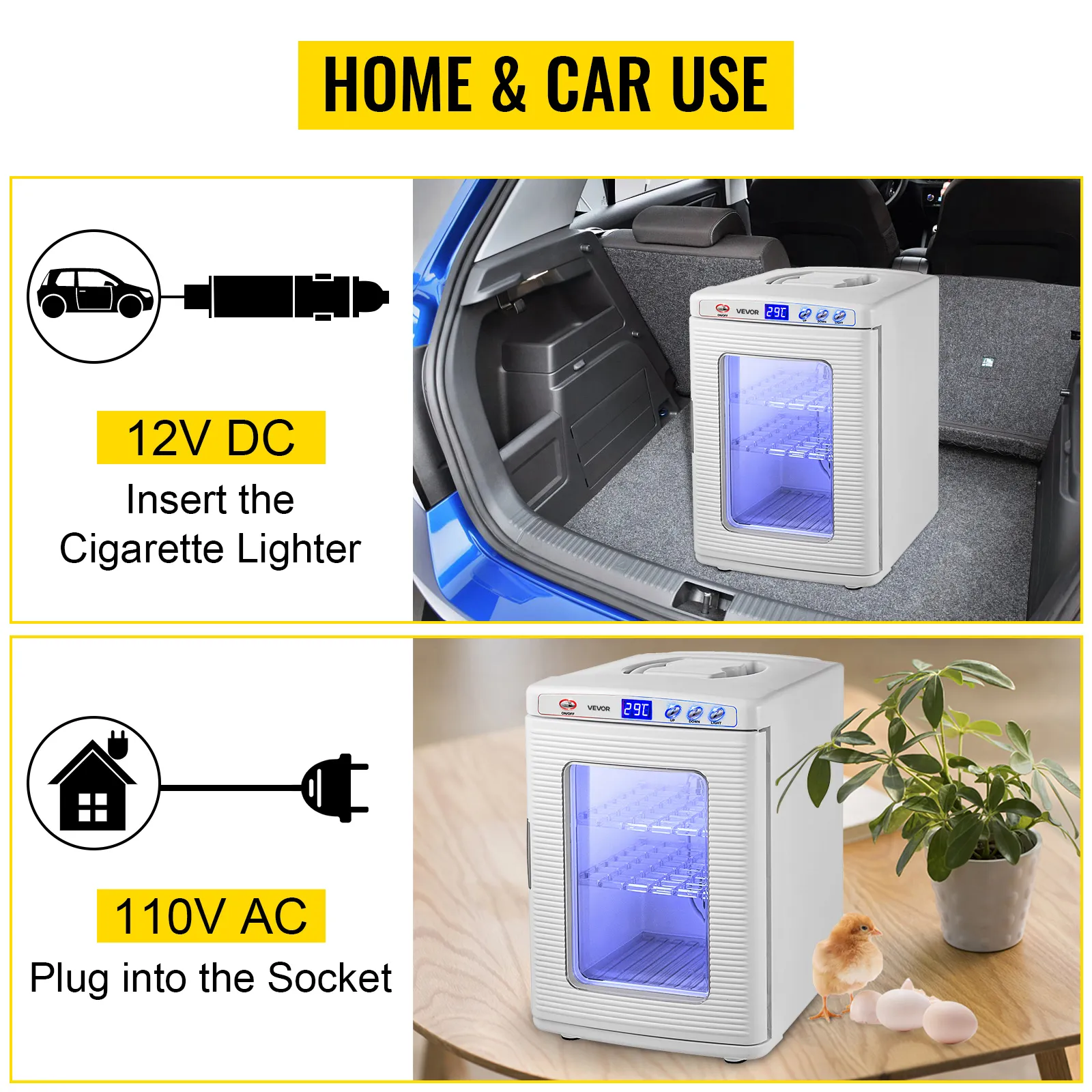 Incubadora de reptiles VEVOR para uso doméstico y en automóvil con opciones de 12 V CC y 110 V CA.