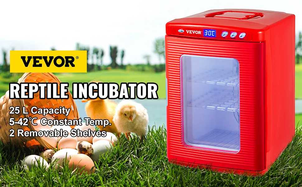 Incubadora de reptiles VEVOR con pantalla lcd, capacidad de 25l y 2 estantes extraíbles.