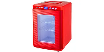 Incubadora de reptiles VEVOR roja con pantalla digital y dos estantes.