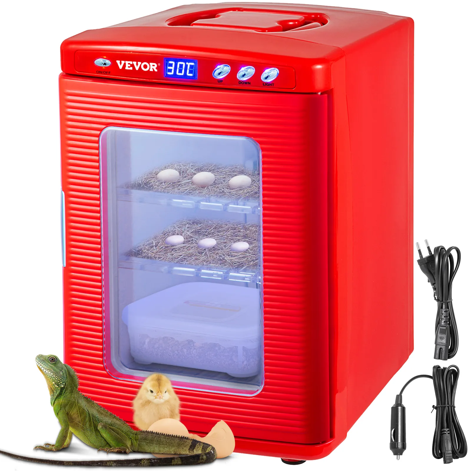 Incubadora de reptiles VEVOR roja con pantalla digital, huevos, iguana, polluelo y cables de alimentación.
