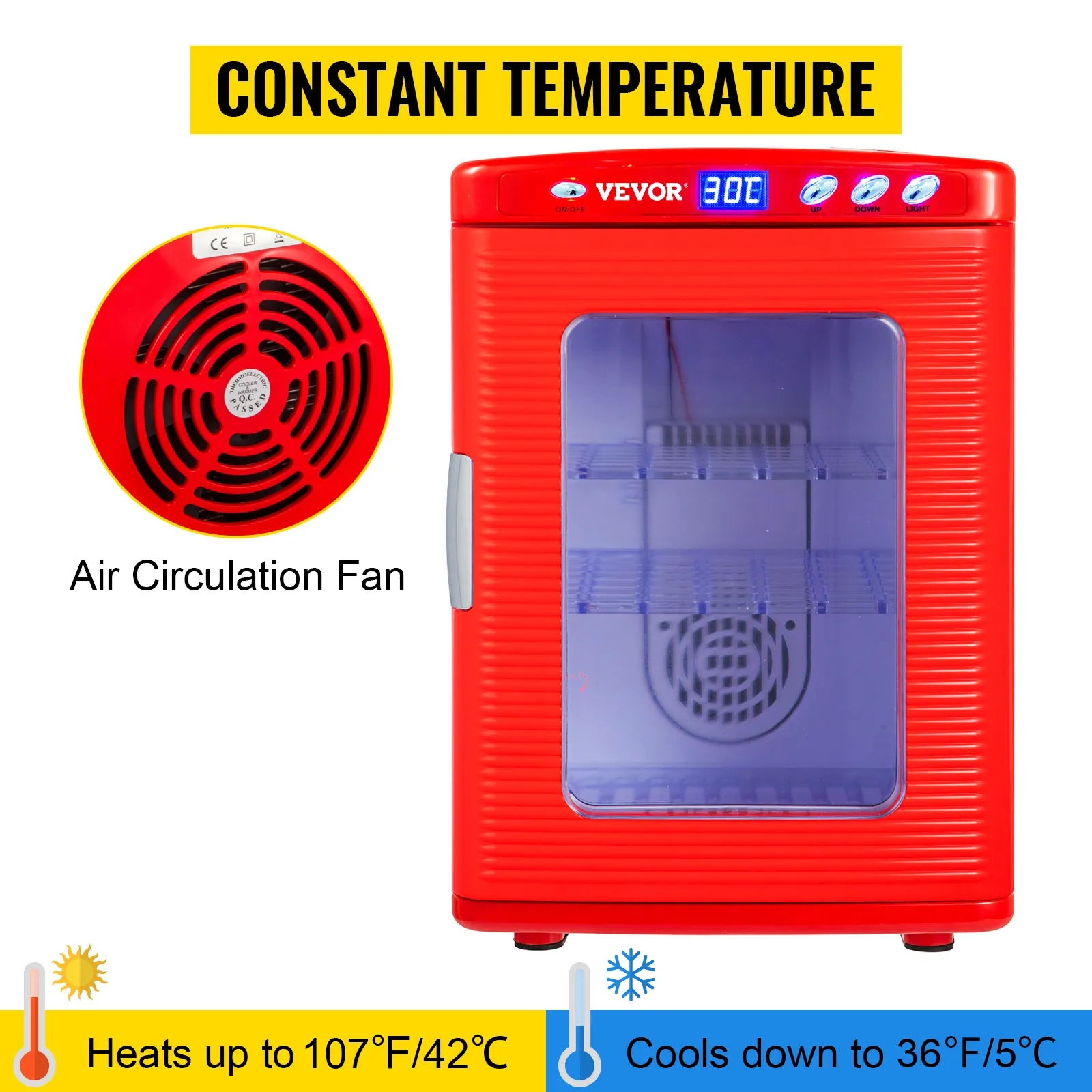 Incubadora de reptiles VEVOR con temperatura constante, ventilador de circulación de aire, rangos de 36°f a 107°f.