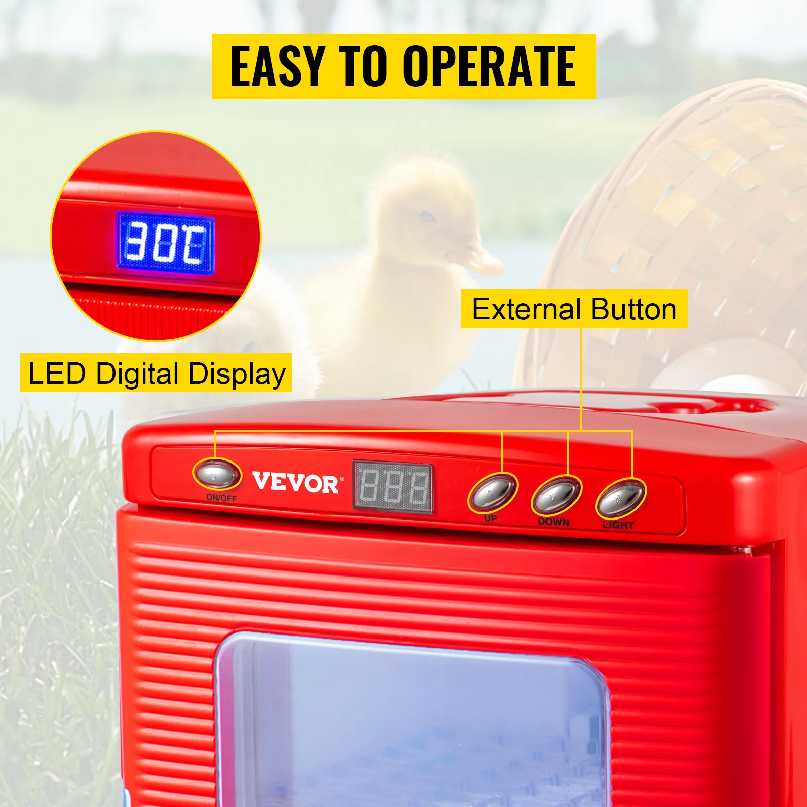 Incubadora de reptiles VEVOR con pantalla digital LED y botones externos en diseño rojo