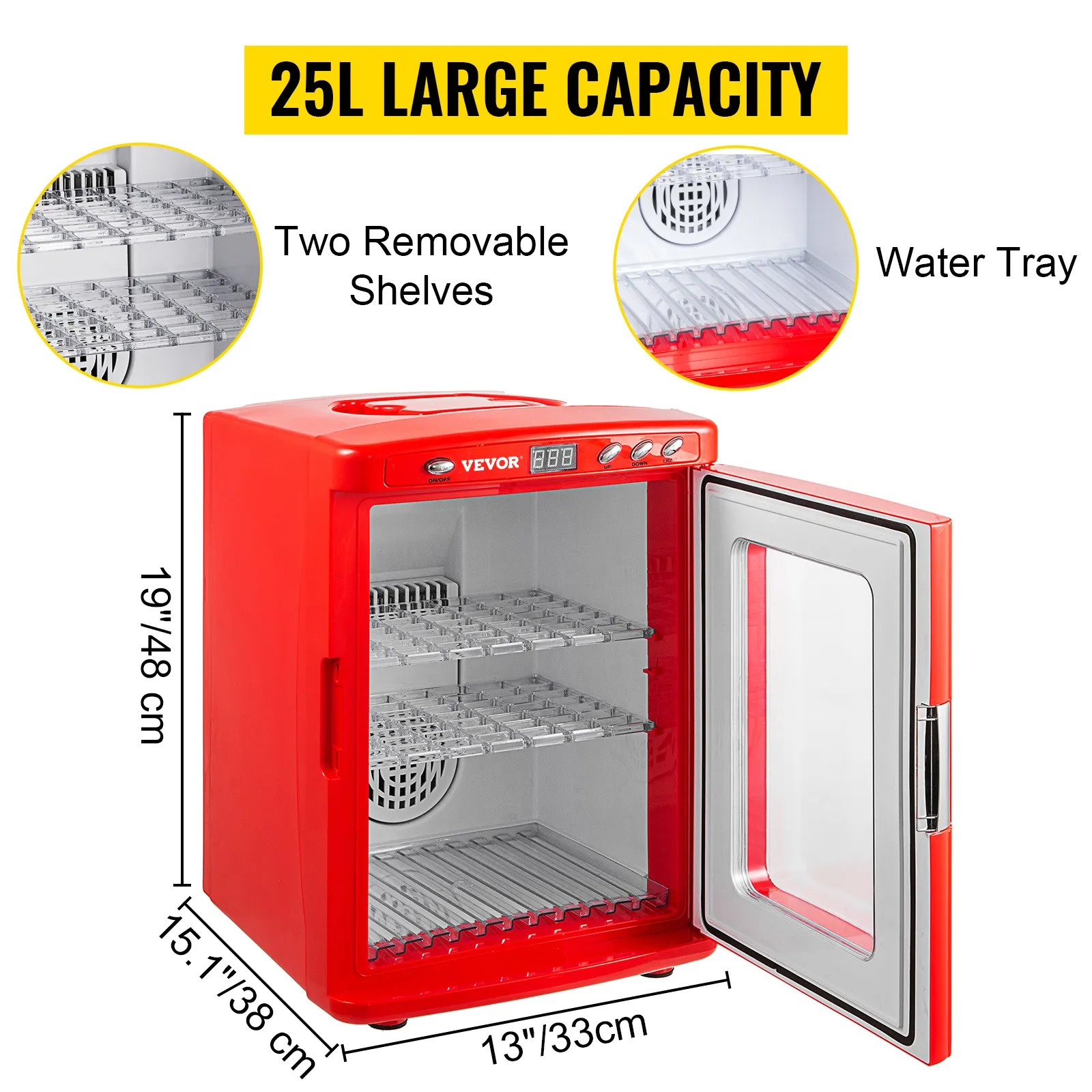 Incubadora de reptiles VEVOR con capacidad de 25l, dos estantes extraíbles y bandeja de agua.