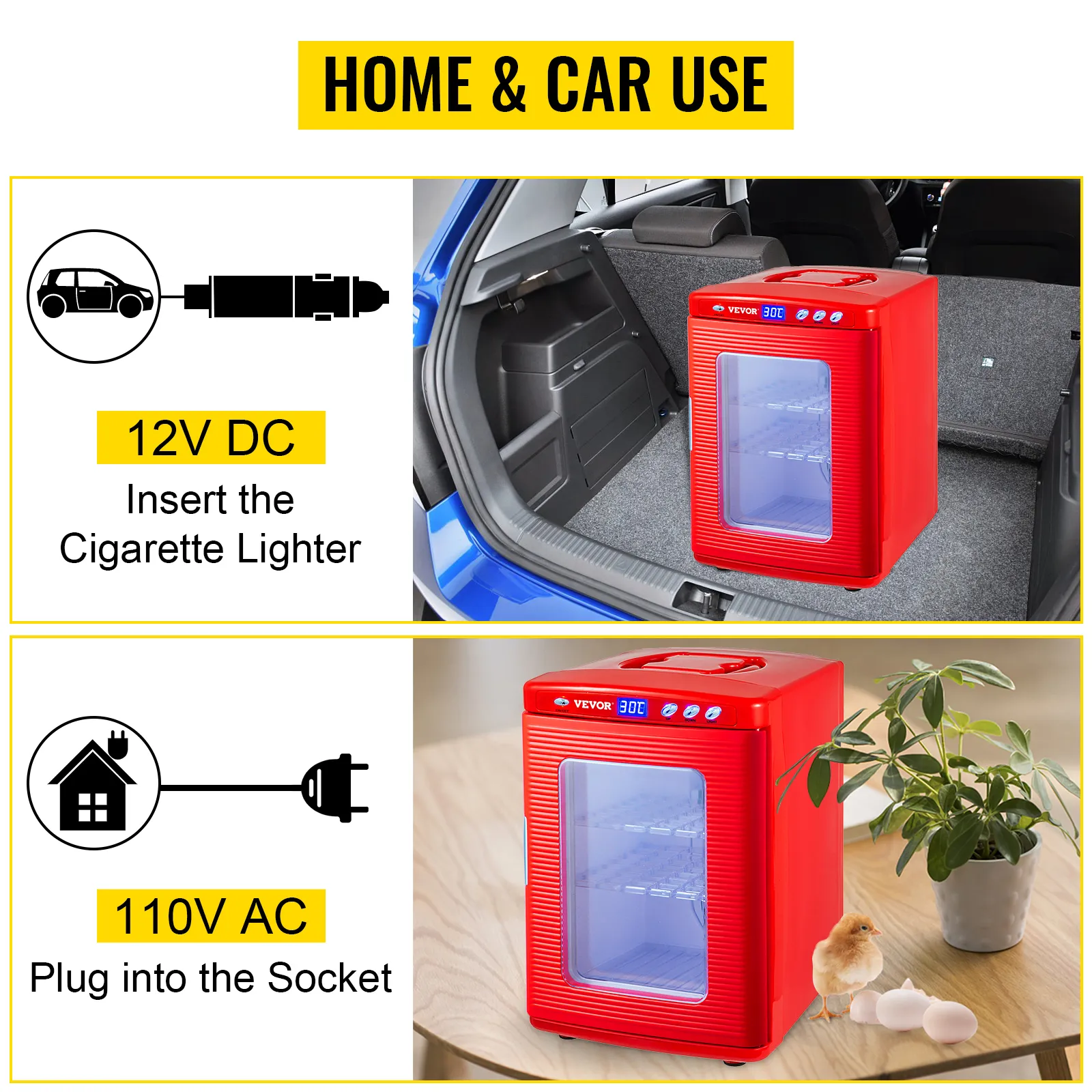Incubadora de reptiles VEVOR para uso en automóvil y hogar, opciones de 12 V CC y 110 V CA.